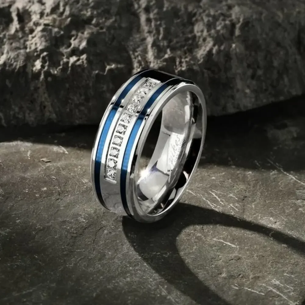 New stainless steel‎ CZ grooved ring size 10